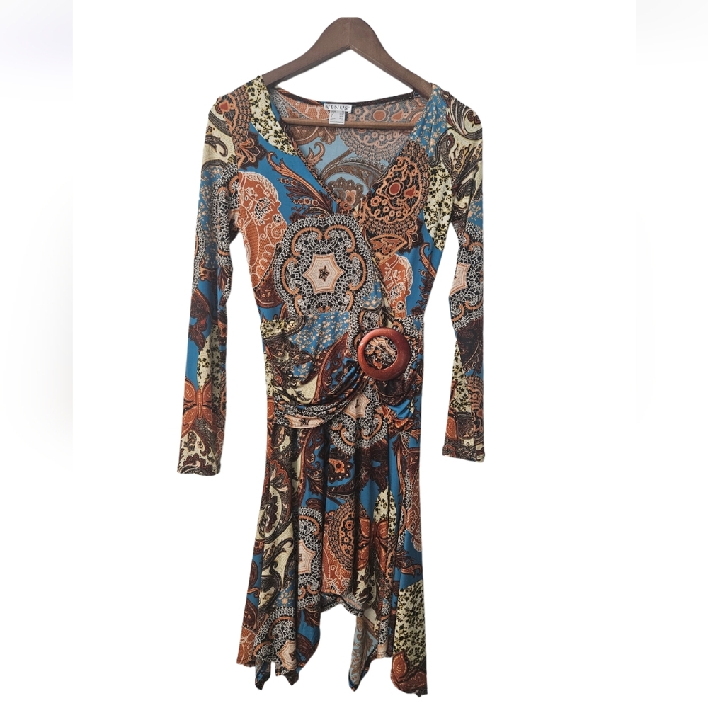 VENUS Womens long sleeve multicolor paisley dress Sharkbite hem  XS